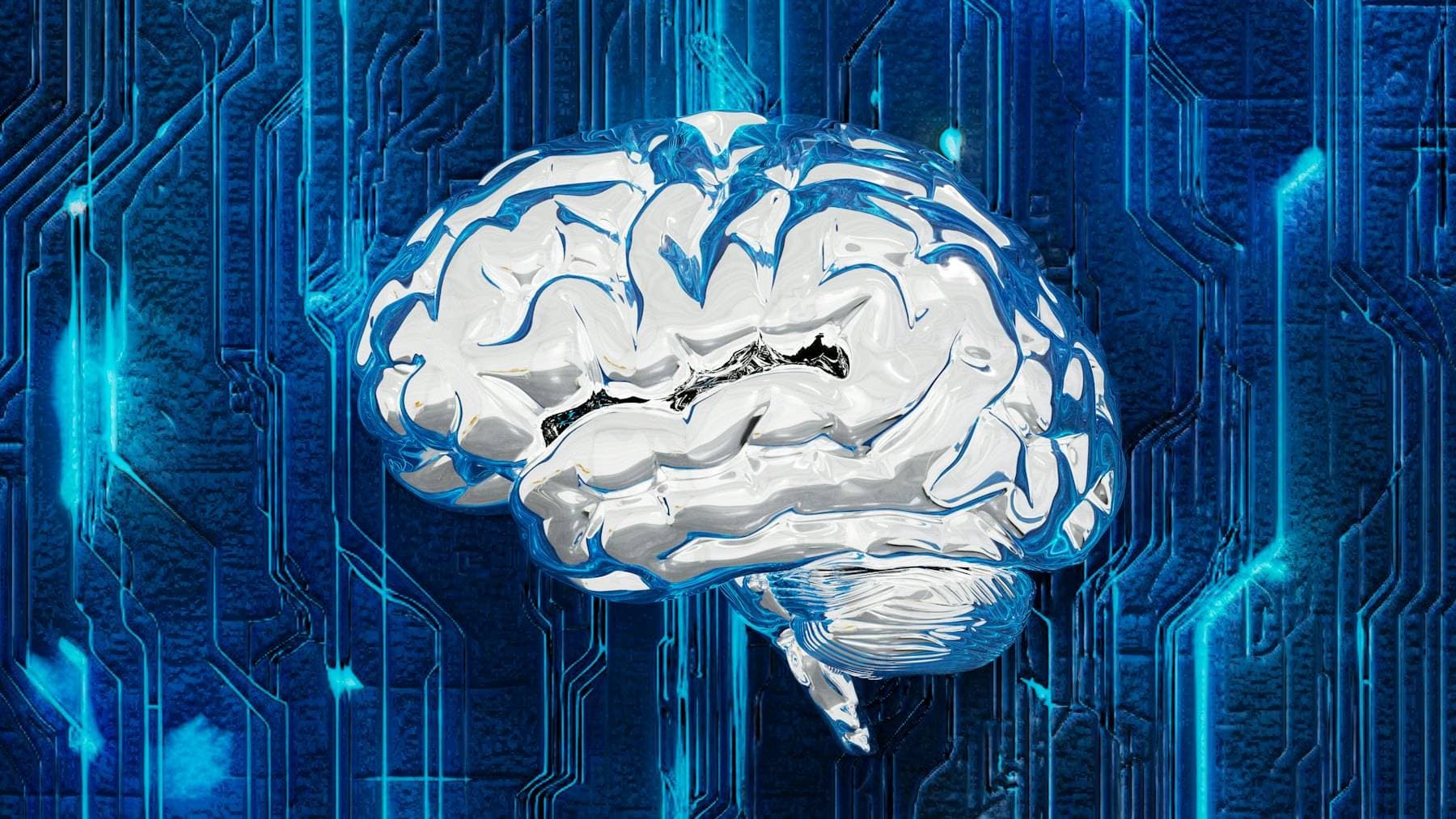 Illustration of a human brain on a blue circuit board