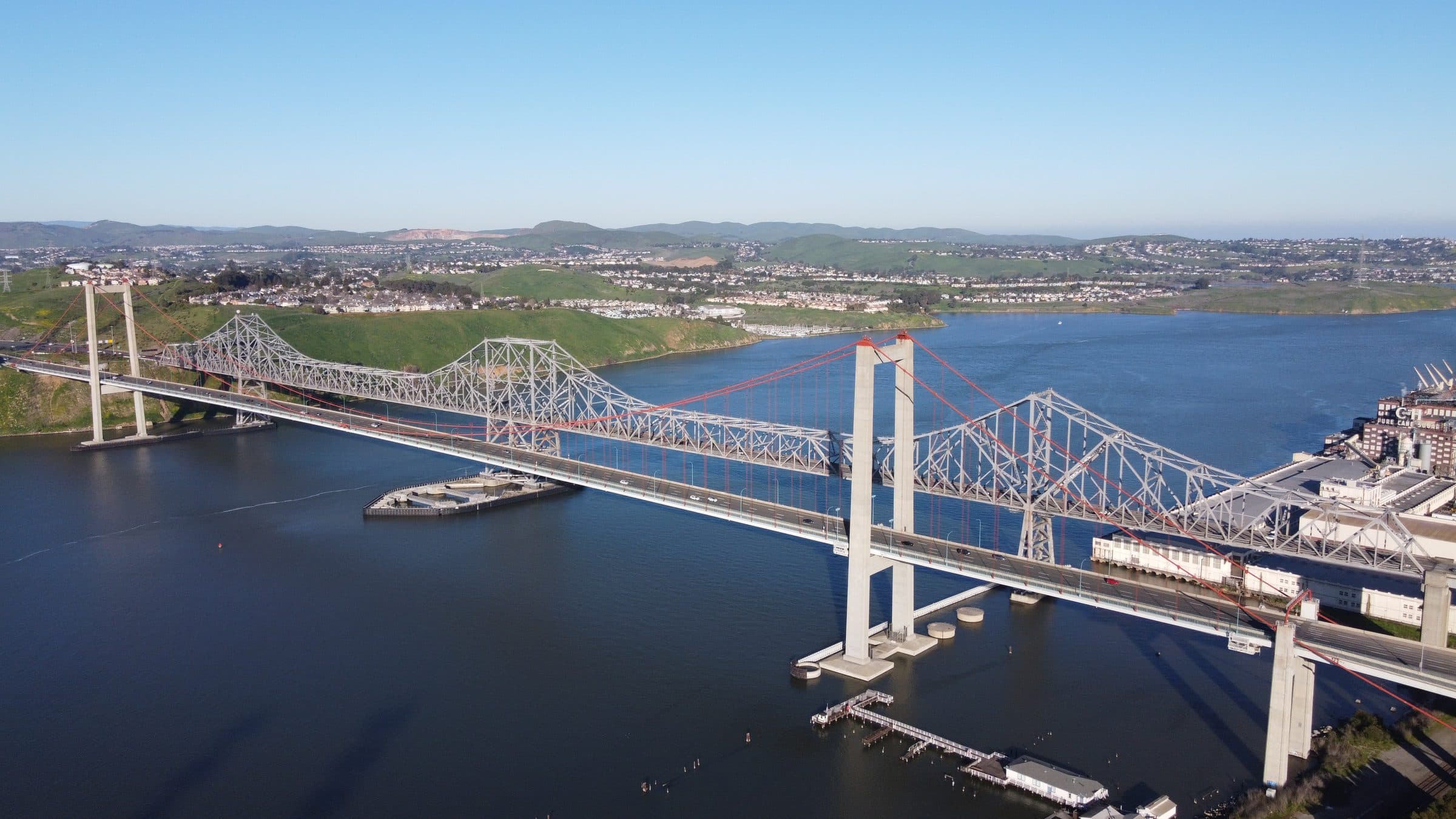 The Carquinez Bridge over the Carquinez Strait, with Vallejo on the far shore