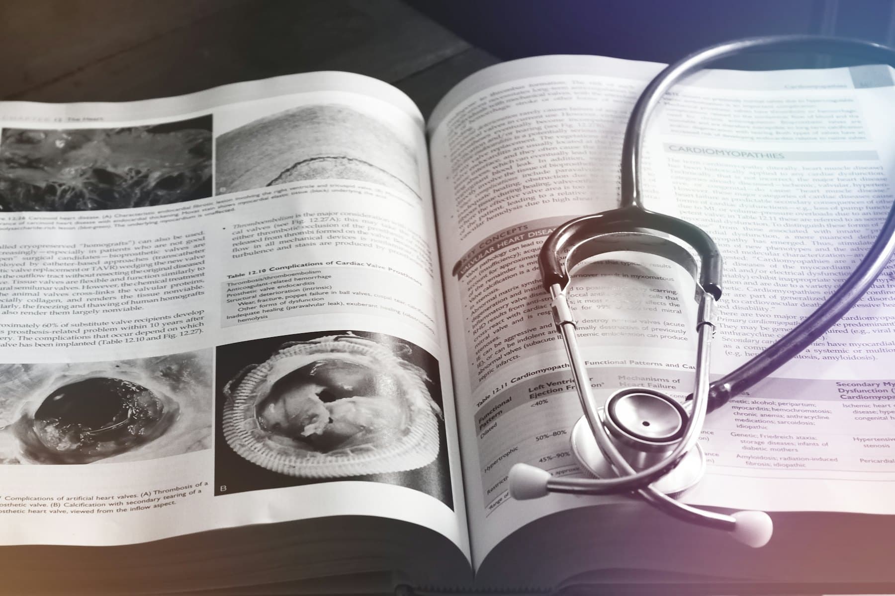An open medical textbook with a stethoscope